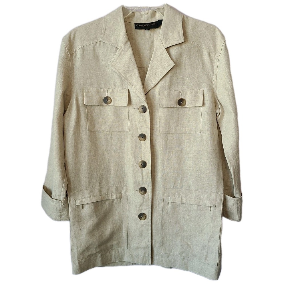 Vintage Classiques Entier Beige 100% Linen Safari Jacket Utility Jacket Sz XS